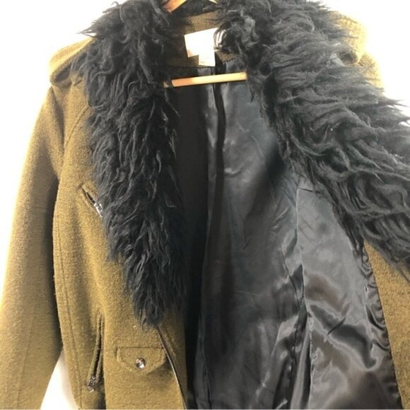H&M Women Sz S Wool Blend Faux Fur Moto Jacket Olive Casual Fall Coat Aviator - Picture 6 of 13